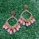 GOLDEN COLOR SQUARE RESIN EARRINGS (JHUMKHA) BASE (WITH PINK BEADS)